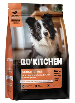 GO’KITCHEN SENSITIVITIES сухой беззерновой корм для щенков и собак всех возрастов с лососем и морской рыбой для чувствительного пищеварения