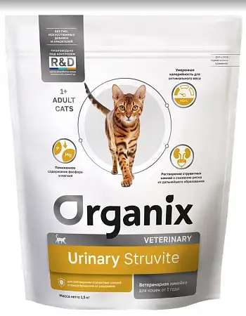 Купить organix vet urinary struvite сухой корм для взрослых кошек при мочекаменной болезни